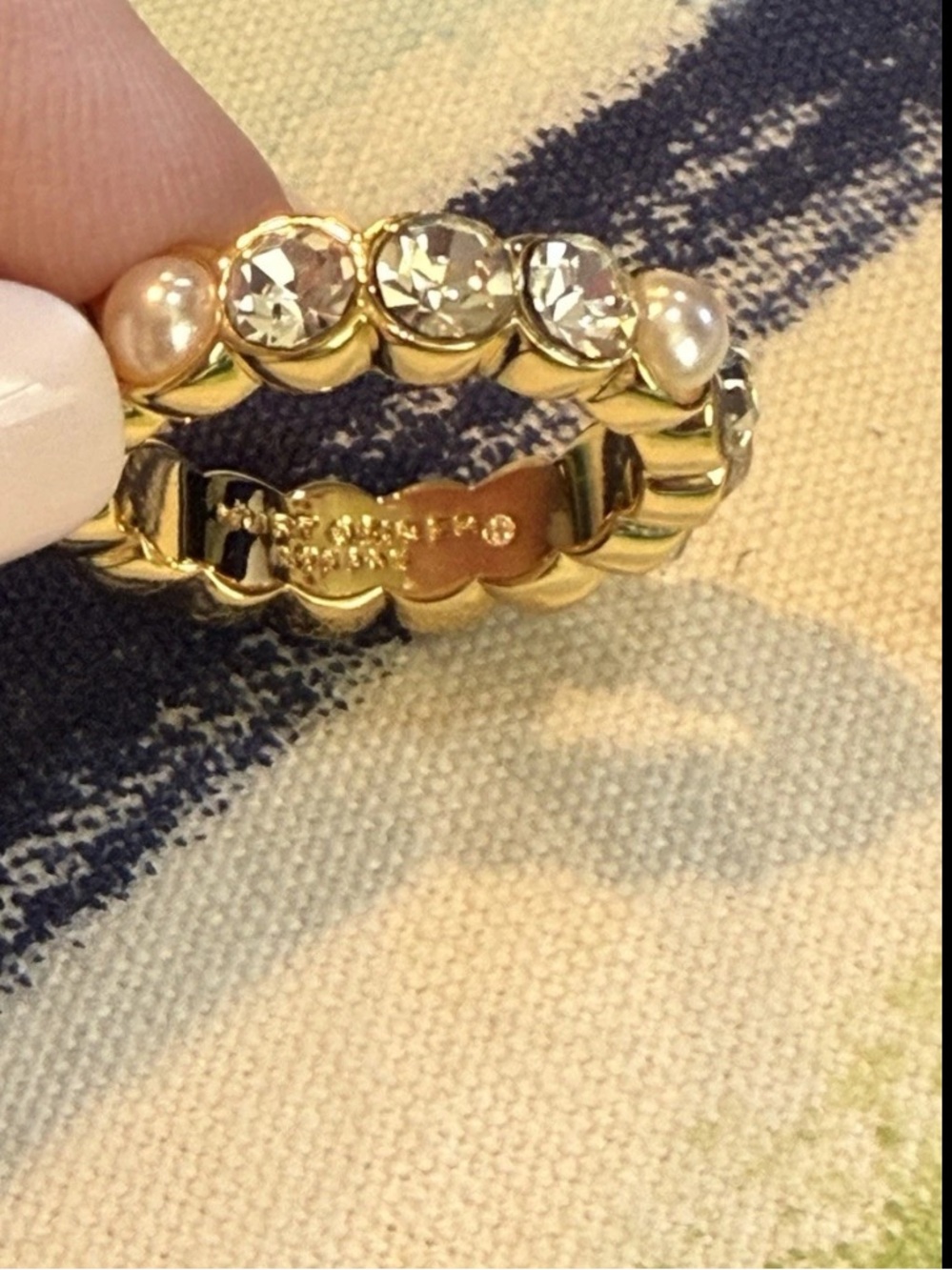 NEW KURT GEIGER LONDON Faux Pearl Crystal Goldtone Band Ring, Size 7 or 8